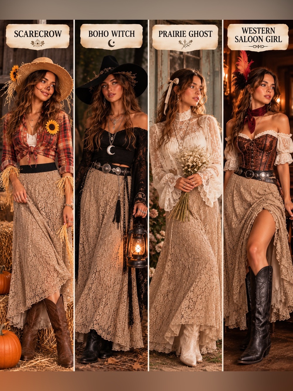Boho Lace Maxi Skirt in Beige